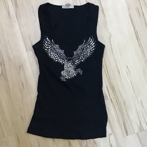 Embellished Silver Studded Bling Flying Eagle Hawk Black Sleeveless Tank Top S - Picture 1 of 9